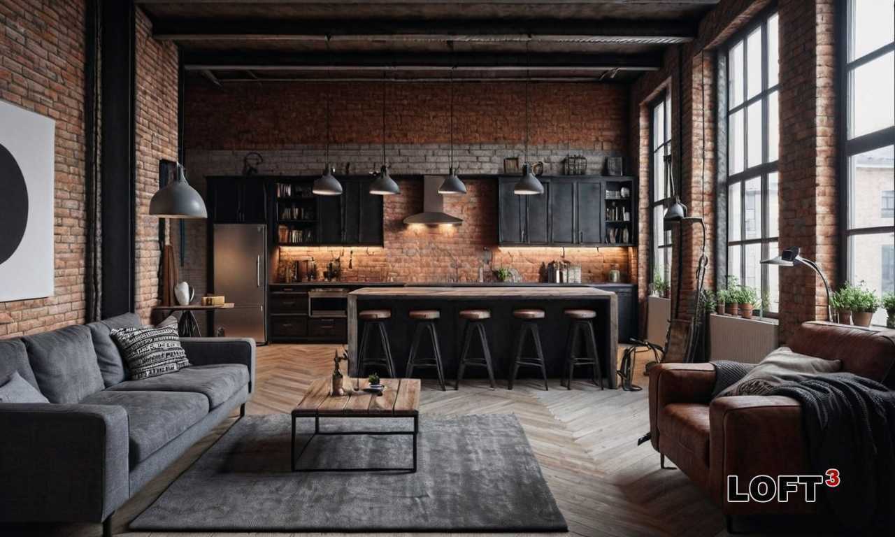 Как оформить стены в загородном доме в стиле лофт с использованием камня?