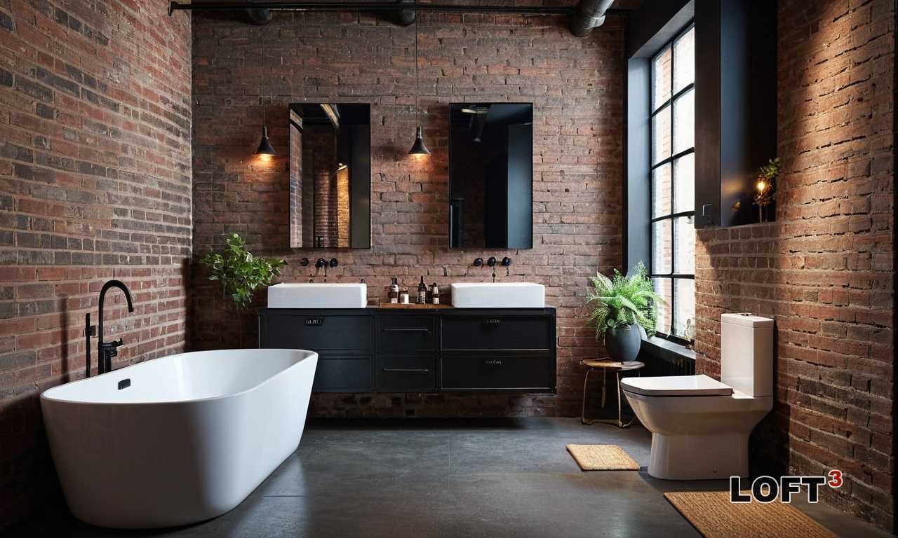 Как оформить туалет Лофт с глянцевой черной плиткой и металлической сантехникой?
