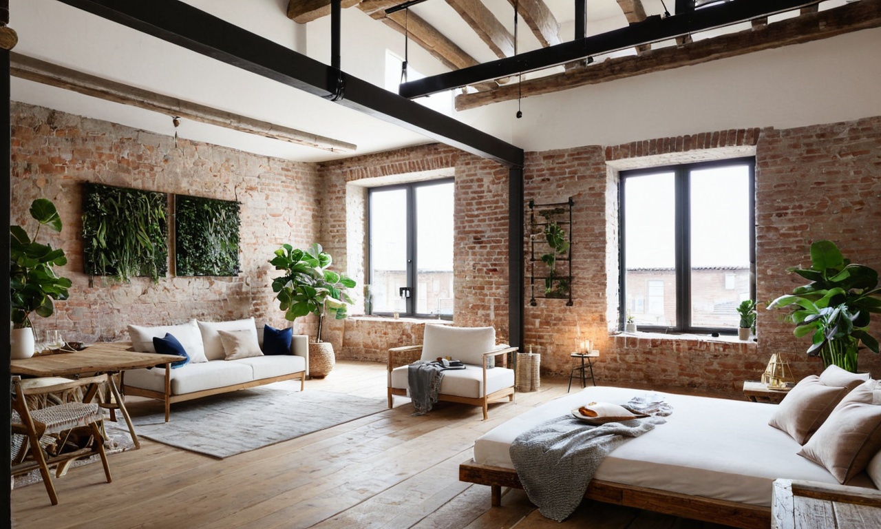 Сочетание текстиля с другими элементами интерьера в стиле Лофт