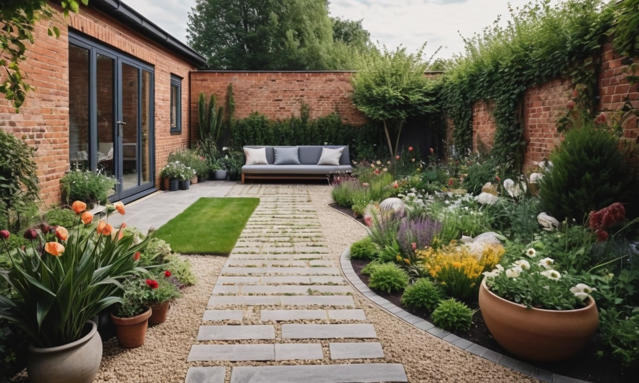 Примеры лофтов в саду с бетоном и кирпичом