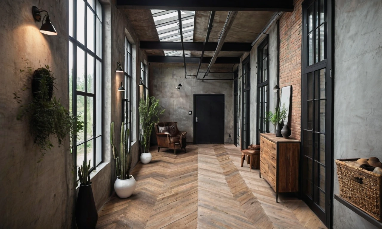 Сочетание разных типов плитки в стиле лофт