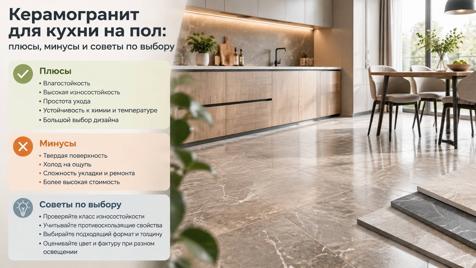 Керамогранит для кухни на пол: плюсы, минусы и советы по выбору