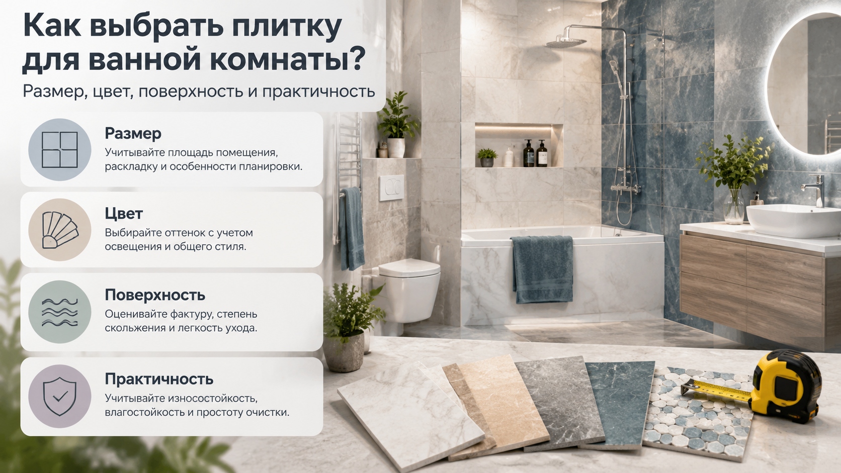 Как выбрать плитку для ванной комнаты: размер, цвет, поверхность и практичность