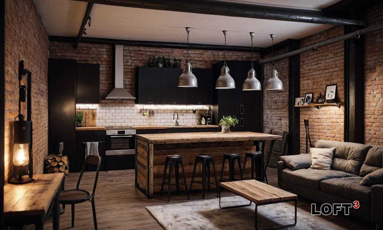 Как украсить кухню в загородном доме в стиле лофт с использованием открытых полок?