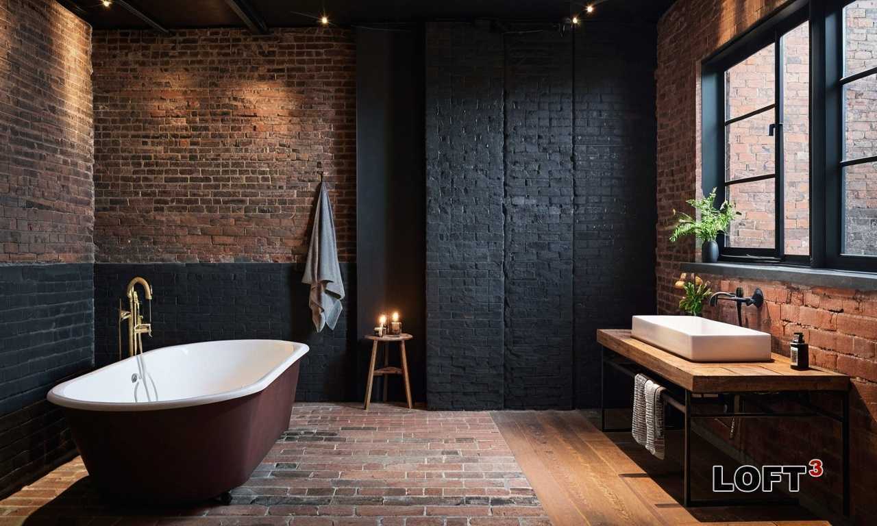 Как оформить туалет Лофт с медными трубами и темной плиткой?
